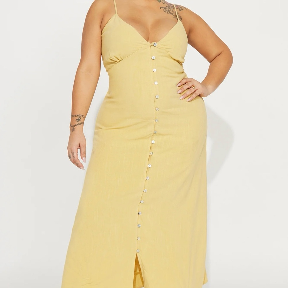 Yellow Linen Midi Strap Dress